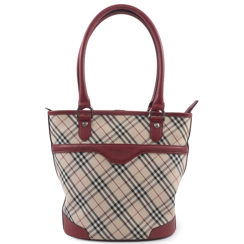 Burberry bag tote Nova Check canvas leather beige red bucket Blue Label